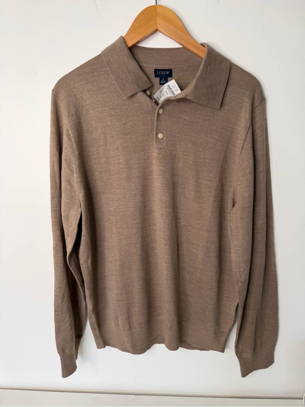 J.Crew Men’s Large Merino Wool Blend Long Sleeve Polo Sweater Brown Taupe NEW